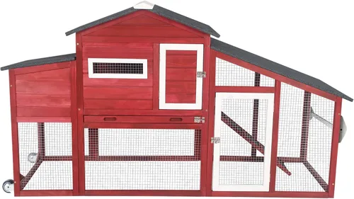Miniatura 10 de Gowoodhut Gallinero de madera maciza con jaula grande de 2 pisos, techo de asfalto, caja nido, ruedas de PU, perca de pollo con poste Techo