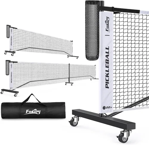 Fostoy Pickleball Net with Wheels, Portable 2-in-1 Pickle Ball Net with Ball Collector,22FT Regulation Size & 11FT Half Court Size, Carry Bag,