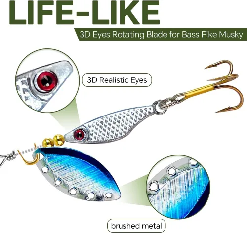Miniatura 4 de Señuelo de pesca Spinnerbait, róbalo, trucha, salmón, cebo de metal duro giratorio, set con 2 cajas de anzuelos por Tbuymax, 10