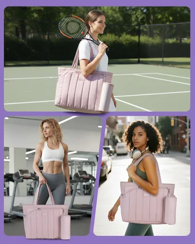 Miniatura 6 de Bolsa acolchada de tenis para mujer, bolsa de lona para gimnasio con compartimento para zapatos y bolsillo húmedo, se adapta de 2 a 4 raquetas y Rosa