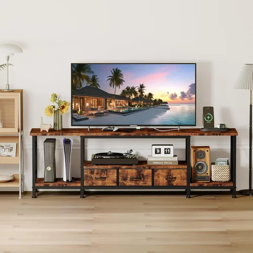 Miniatura 8 de YGEOMER Soporte de TV para centro de entretenimiento de TV de 75 pulgadas con tomas de corriente, mesa consola de TV profunda con cajones de tela