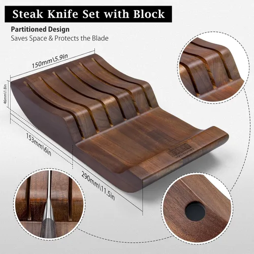Miniatura 4 de HOSHANHO Juego de 7 cuchillos para carne, juego de cuchillos para carne de 4.5 pulgadas con bloque, cuchillos de cocina de acero al carbono japonés