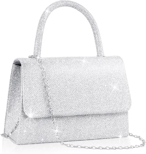 Miniatura 14 de Larcenciel Bolsos de noche para mujer, bolso de mano de noche con asa superior con purpurina con cadena para fiesta, graduación, boda, cóctel club