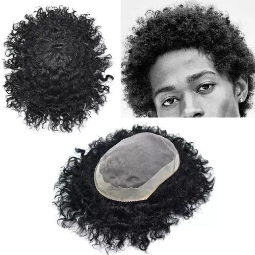 Miniatura 12 de Afro - Tupé para hombre, duradero, base fina, mono, rizado, cabello ondulado africano, piezas para hombres negros, mono encaje de poliuretano