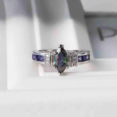 Miniatura 2 de Anillos de plata de ley 925 vintage para mujer con incrustaciones de topacio místico con forma ovalada, piedra de cristal austriaco, circonita