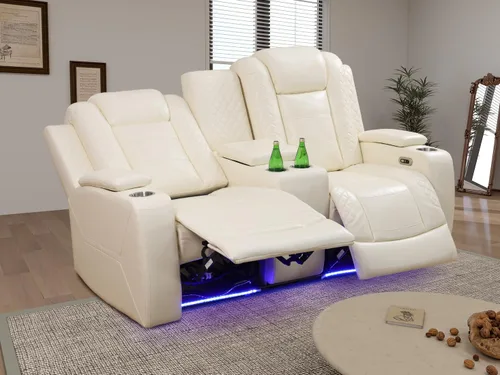 Miniatura 50 de Juego de sofá reclinable eléctrico, seccional de cuero transpirable beige, juego de muebles de sala de estar, 2 piezas, sofá reclinable eléctrico