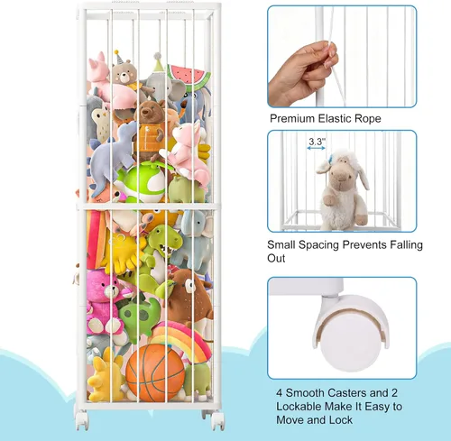 Miniatura 3 de Fixwal Tubo de metal para almacenamiento de animales de peluche, extra grande, organizador de juguetes para niños, con banda elástica y red