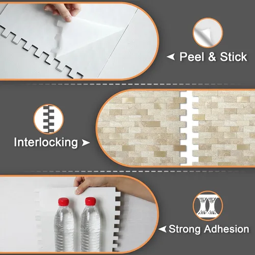 Miniatura 7 de VAOVI Adhesivo de pared de ladrillo con aspecto de mármol para despegar y pegar, azulejos de mosaico en muro de cocina y baño (5 hojas, mezcla beige)