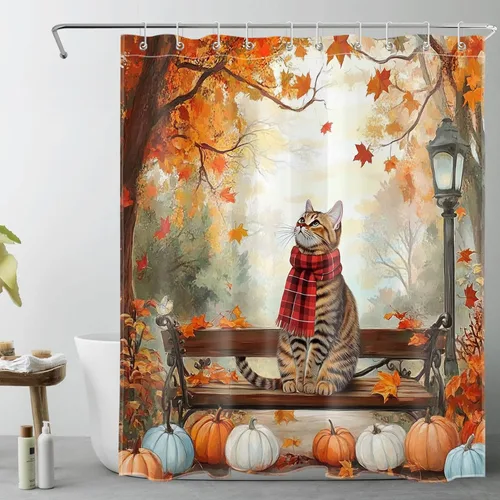 Miniatura 26 de HVEST Cortina de ducha con ganchos, calabaza espeluznante y fantasma con sombrero de bruja negro, juego de cortina de ducha naranja con flores