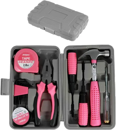 Miniatura 7 de Kit de herramientas de bricolaje para el hogar de 24 piezas, color rosa, para mujeres, juego de mini caja de herramientas compacta con herramientas