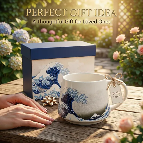 Miniatura 9 de Topadorn Taza de Cerámica de Porcelana Taza de Café The Great Wave Taza de Café con Caja de Regalo, 13 oz.