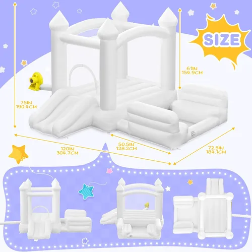 Miniatura 5 de Casa Inflable Blanca para Niños de 3-8, Casa Inflable Grande con Soplador de Aire Tobogán Piscina de Pelotas Saltando 100 Pelotas, Castillo Inflable
