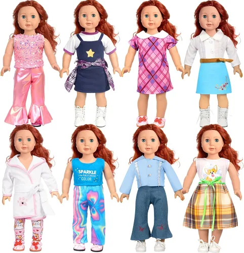 WONDOLL Ropa de muñeca americana de 18 pulgadas, 8 juegos de ropa y accesorios para muñecas de 18 pulgadas, juguetes de vestir para niñas y niños