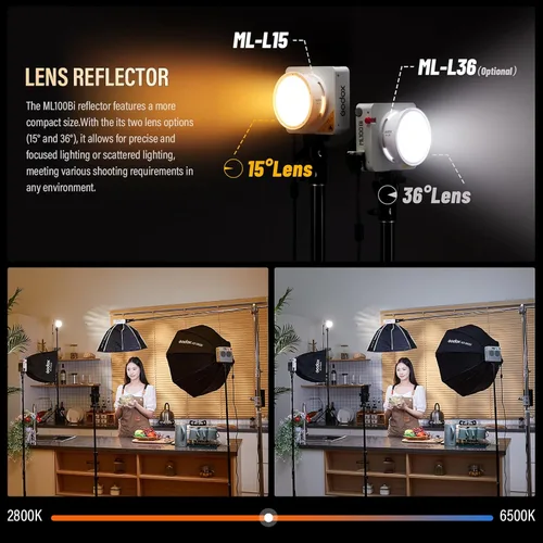Miniatura 2 de Godox ML100Bi - Luz de video LED bicolor de 120 W, luz de video LED COB portátil 34300 Lux CRI 96+/TLCI 97+ 2800K-6500K 11 efectos FX para filmar