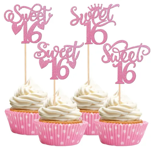Miniatura 14 de 1 pieza de decoración de pastel de 16 años con purpurina de luna y estrella de luna feliz 16 cumpleaños, decoración para tartas de cumpleaños de 16