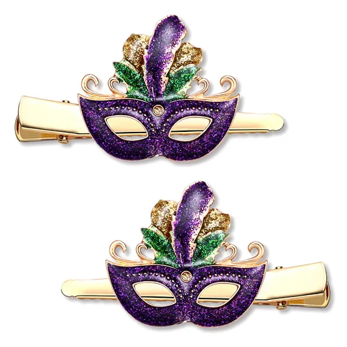 Miniatura 3 de Pinzas para el cabello de Mardi Gras para mujer, sombrero de bufón con purpurina, máscara de flor de lis, horquillas para el martes gordo