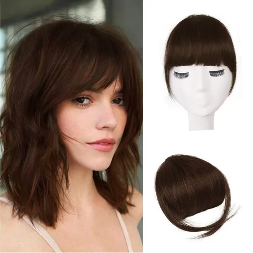 Miniatura 28 de BARSDAR Flequillo postizo de pelo humano real - Flequillo postizo 100% pelo humano para mujeres - Extensiones de flequillo ondulado castaño rojizo