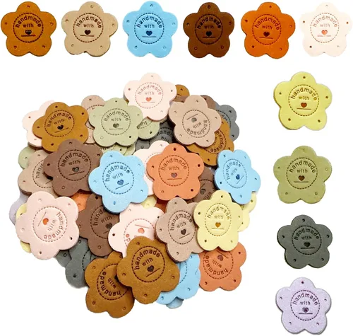 50 etiquetas de cuero hechas a mano, con flores de poliuretano, hechas a mano, para coser, para artículos hechos a mano, con forma de flores, hechas