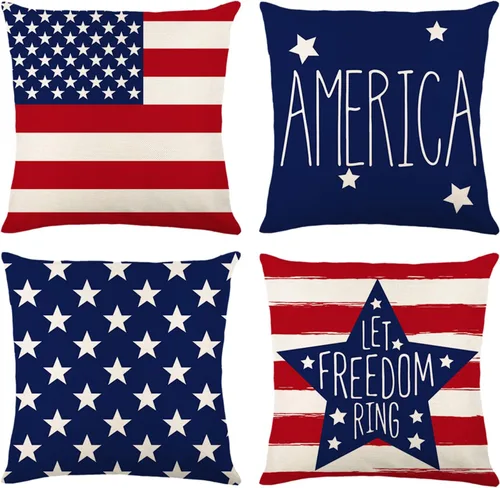 ONFAON Juego de 4 fundas de almohada de 18 x 18 pulgadas para el Día de la Independencia, diseño patriótico, bandera estadounidense, estrellas, Día