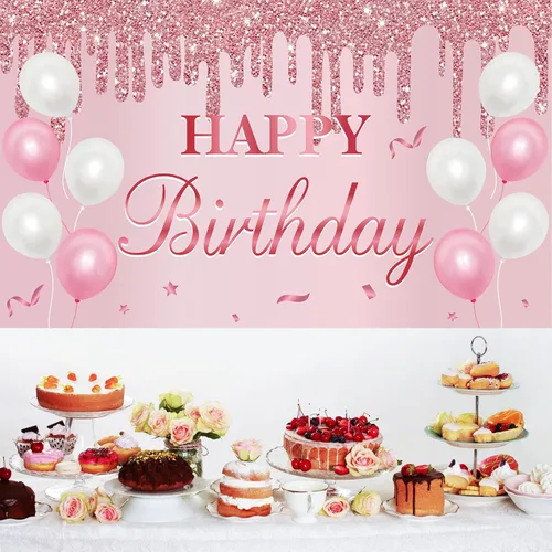 Miniatura 3 de Uiorgui Cartel de cumpleaños rosa – Cartel de feliz cumpleaños decoraciones de fondo suministros para fiestas