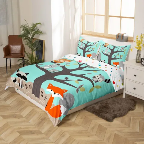 Miniatura 3 de Juego de ropa de cama de animales lindos para niños y niñas, guardería, caricaturas, mapache, búho, zorro, funda de edredón con bonitos animales