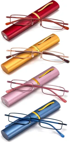 Miniatura 9 de REAVEE - 2 unidades de gafas de lectura con bolígrafo delgado para hombres y mujeres, tamaño pequeño de bolsillo, tubo con bisagra de resorte