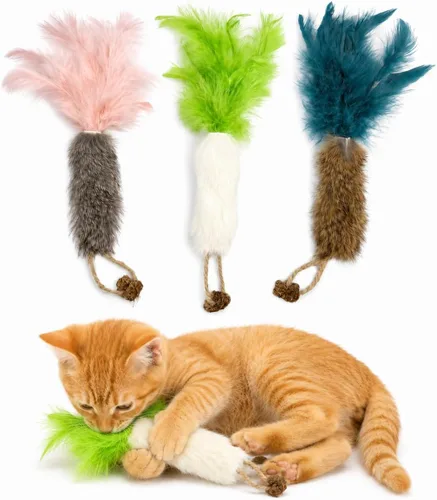 Paquete de 3 juguetes de hierba gatera de piel de conejo con plumas - Juguetes interactivos de zanahoria para gatos con fruta de agallas para gatos