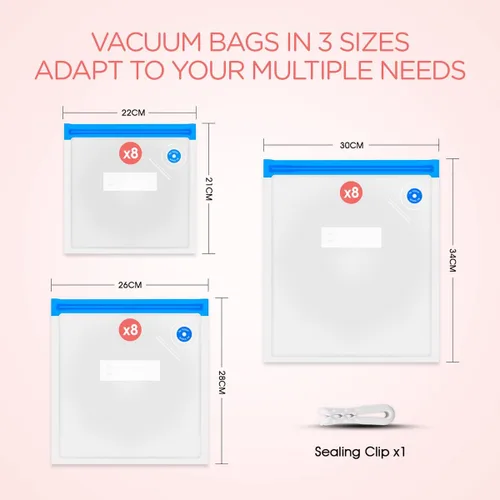 Miniatura 5 de VOYOR Bolsas selladoras al vacío reutilizables para almacenamiento de alimentos, 3 tamaños y cantidades, compatibles con selladores al vacío de mano