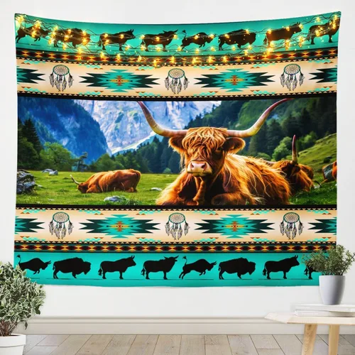 Miniatura 7 de Tapiz de vaca de las tierras altas, tapices aztecas nativos del suroeste, animales de granja, arte exótico nórdico, atrapasueños, arte de pared