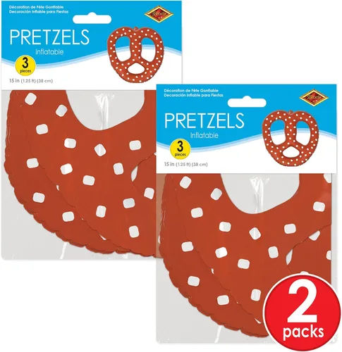 Miniatura 6 de Beistle 6 pretzels bávaros inflables en marrón/blanco, decoración de fiesta de Oktoberfest con temática alimentaria alemana, accesorios de fiesta