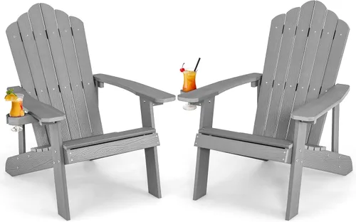 Miniatura 23 de Giantex Silla Adirondack para exteriores, sillas de patio de gran tamaño con portavasos oculto, veta de madera realista, capacidad de peso de 380