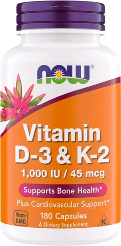 NOW Supplements Vitamina D3 K2, 1,000 IU/45 mcg, Apoyo Cardiovascular, Apoya la Salud Ósea, 180 Cápsulas Vegetarianas - Veganas, Sin Gluten, Kosher