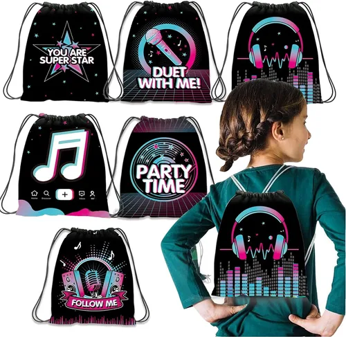 Miniatura 9 de Paquete de 12 bolsas con cordón para fiestas brillantes para cumpleaños de niños, niñas, mochila con cordón de neón brillante como bolsas de botín