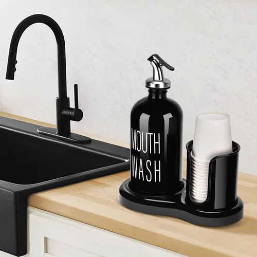 Miniatura 6 de Dispensador de Enjuague Bucal de Vidrio con Portavasos, BYAWAY Juego de Enjuague Bucal para Baño, Contenedor de Botella de Enjuague Bucal Recargable