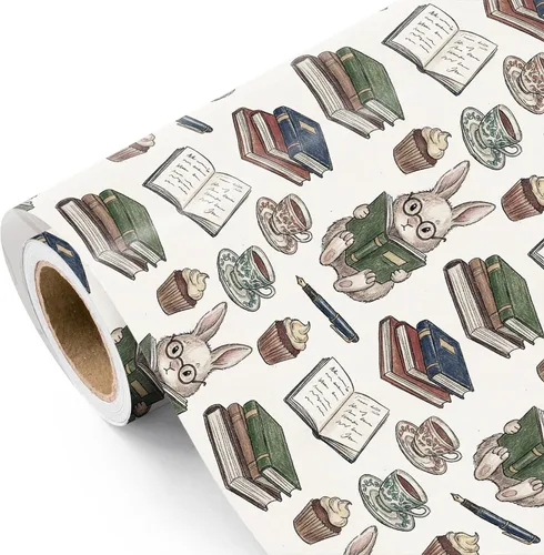 WRAPAHOLIC Bookish Bunny - Rollo de papel de regalo, 17 pulgadas x 16.5 pies, conejo vintage con papel de regalo para niños y niñas, baby shower,
