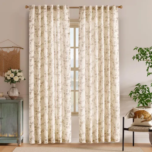 Miniatura 2 de Lazzzy - Cortinas de lino floral gris pardo de 84 pulgadas, cortinas de estilo granja con solapa trasera para sala de estar y dormitorio, cortinas