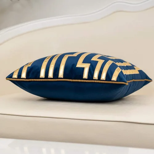 Miniatura 3 de Funda para cojín Alerfa de 18x18 pulgadas, de cuero dorado con rayas, azul marino, lujosa, geométrica, bordada, de terciopelo, decorativa para sofá