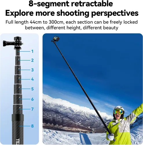 Miniatura 4 de TELESIN G3 Extensión Selfie Stick Pole (118"/3M 100% fibra de carbono), monopié de luz invisible para DJI Osmo Nano 360 Action 6 5 Pro 4 Pocket 3 4