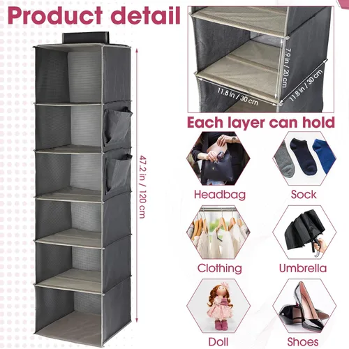 Miniatura 2 de Paquete de 3 organizadores y almacenamiento colgantes de armario, 6 estantes colgantes para ropa, organizador de ropa plegable, estantes de tela