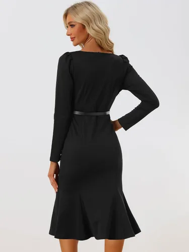 Miniatura 3 de Allegra K Vestidos de trabajo con cola de pez para mujer, elegante, cuello corazón, cinturón, ajustado, con dobladillo de sirena, vestido de cóctel