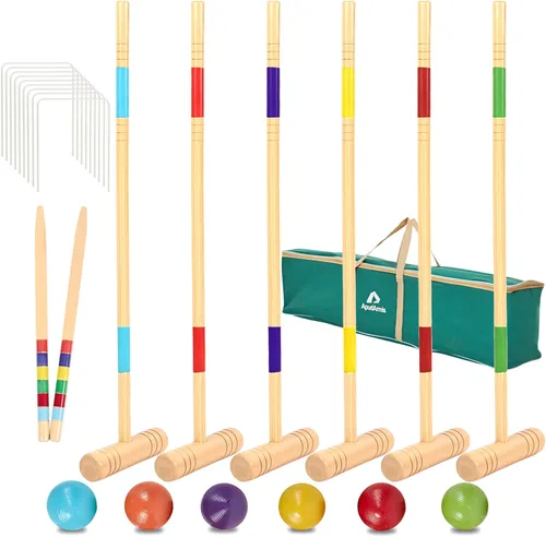 ApudArmis Juego de croquet para seis jugadores de 32 pulgadas con mazos de madera de pino de alta calidad, bola de colores, mechones, estacas –