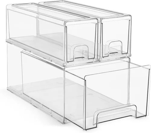 Sorbus 1 cajón grande y 2 pequeños transparentes y apilables – Cajones organizadores de plástico con asas – Cajones de almacenamiento extraíbles