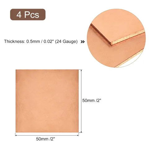 Miniatura 2 de uxcell Hoja de cobre puro, 4 piezas de 2 "x 2" x 0.02 "Placa de metal de cobre de calibre 24 T2 para manualidades, reparaciones eléctricas, industria