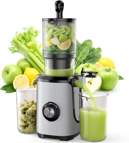 NEWBULIG Exprimidor de prensa en frío, exprimidor de masticación con alto rendimiento de jugo, función inversa, detiene la oxidación y es fácil de