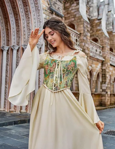 Miniatura 5 de Scarlet Darkness Disfraz de feria renacentista para mujer, vestido de manga larga acampanada con hombros descubiertos, vestido alto y bajo