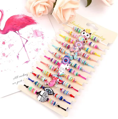 Miniatura 3 de Lorfancy 12 pulseras para niños y niñas, joyería con colgante de animal de unicornio, búho, pulsera de amistad tejida con diamantes de imitación