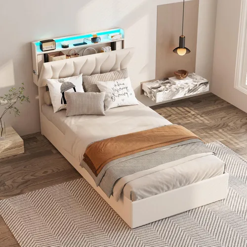 Miniatura 4 de Fameill Marco de Cama Twin con Almacenamiento Elevable, Cabecera Ajustable, Estación de Carga, Luces LED, Listones de Madera, Sin Ruido, No Requiere