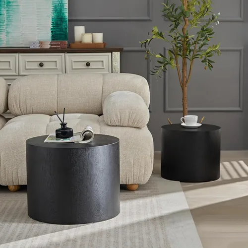 Miniatura 3 de Juego de 2 mesas auxiliares anidables para sala de estar, juego de mesa auxiliar redonda moderno, mesa auxiliar circular de madera y muebles Negro
