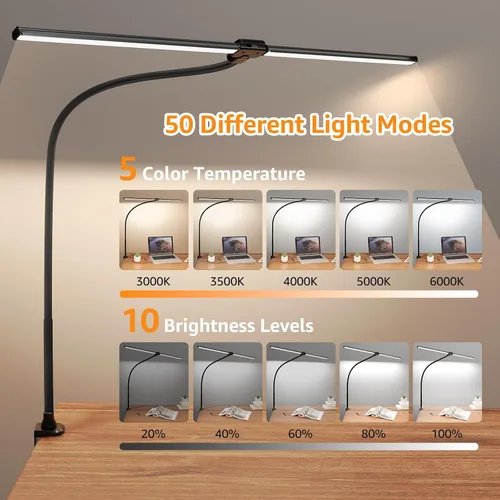 Miniatura 2 de ShineTech Lámpara LED de escritorio para oficina en casa, luz de abrazadera ultra brillante con cuello de cisne flexible, 25 modos de iluminación