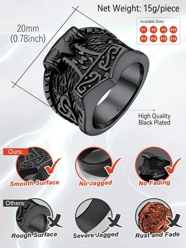 Miniatura 5 de FaithHeart Norse Viking Jewelry - Anillo de acero inoxidable de guerrero para hombre con diseño vikingo de cabeza de lobomartillo de Thor
